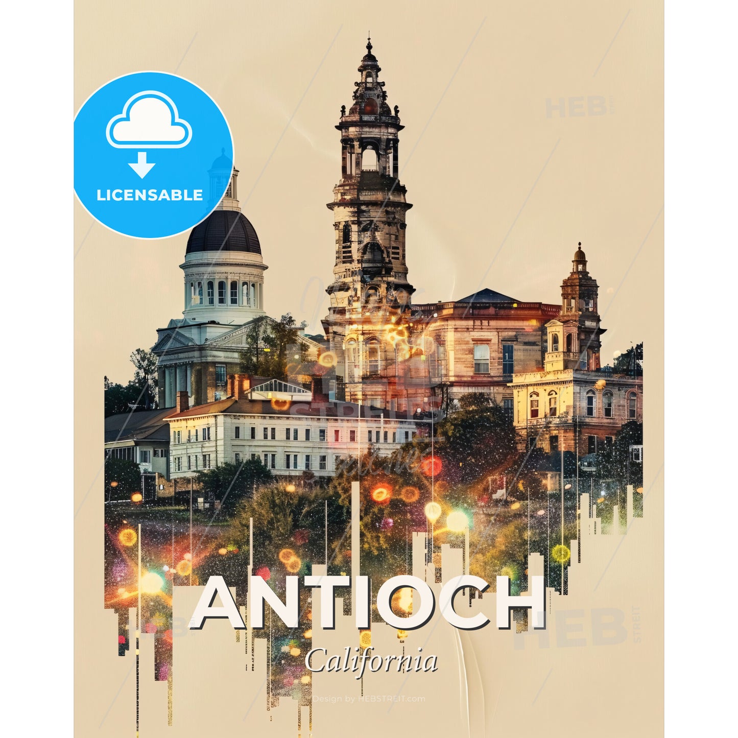Golden Antioch California Cityscape Poster - A city skyline with buildings and lights - Square format print template