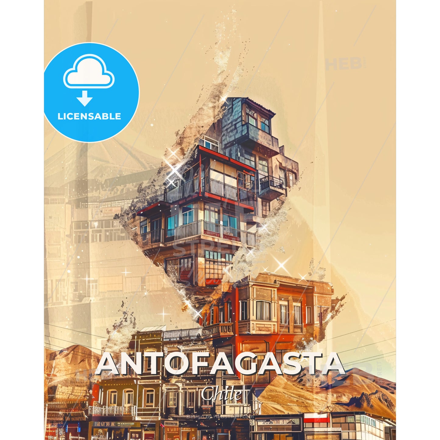 Antofagasta Skyline Art: City Icons on Beige - A building with many windows - Square format print template