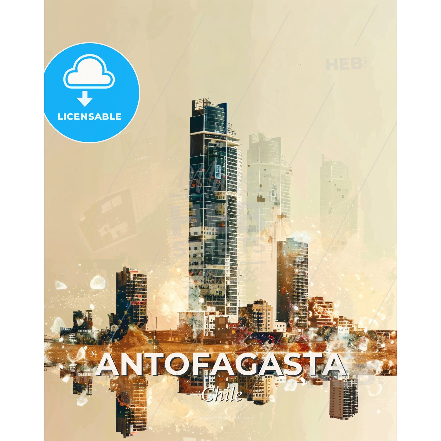 Antofagasta Cityscape Impressionist Art Poster - A city skyline with water reflection - Square format print template