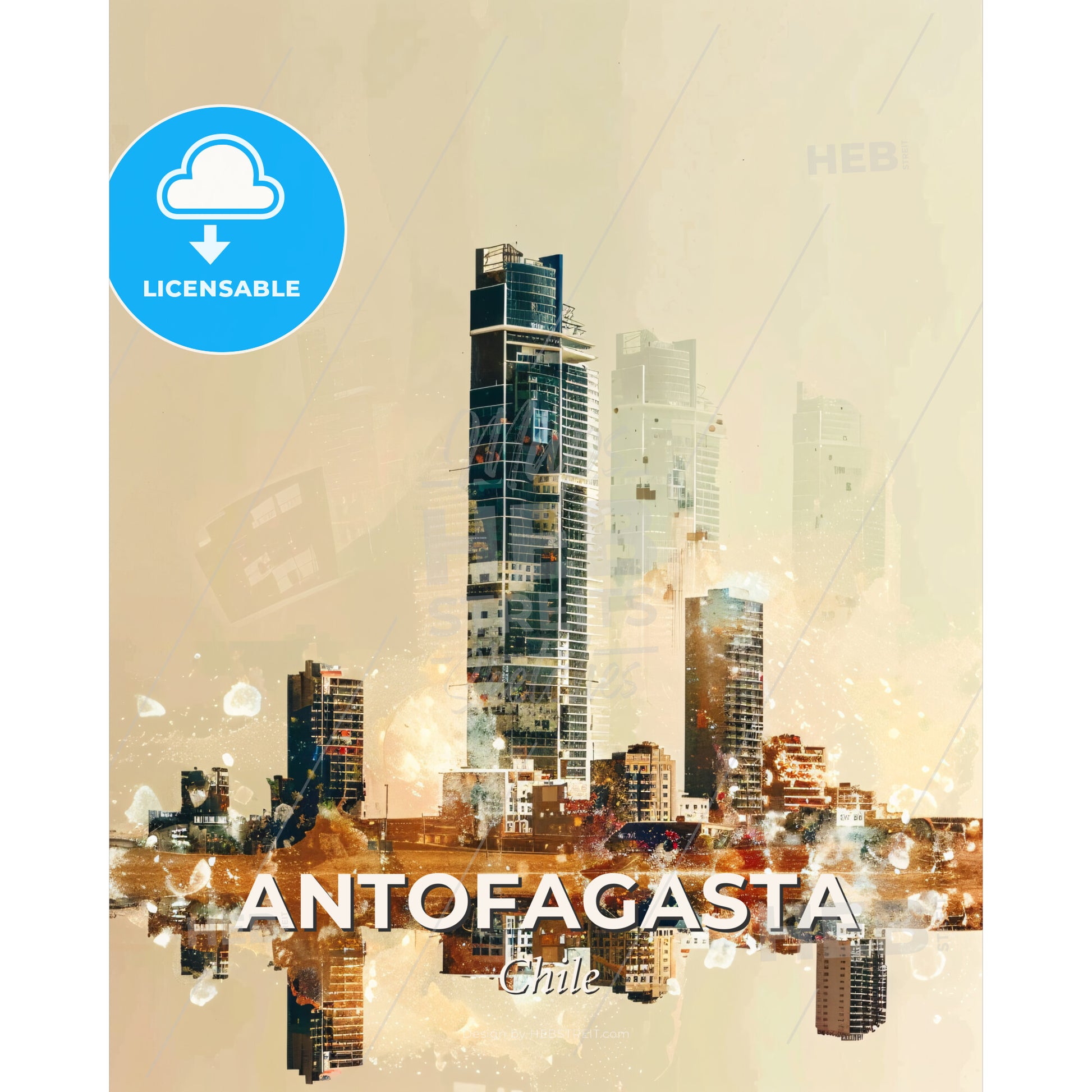 Antofagasta Cityscape Impressionist Art Poster - A city skyline with water reflection - Square format print template