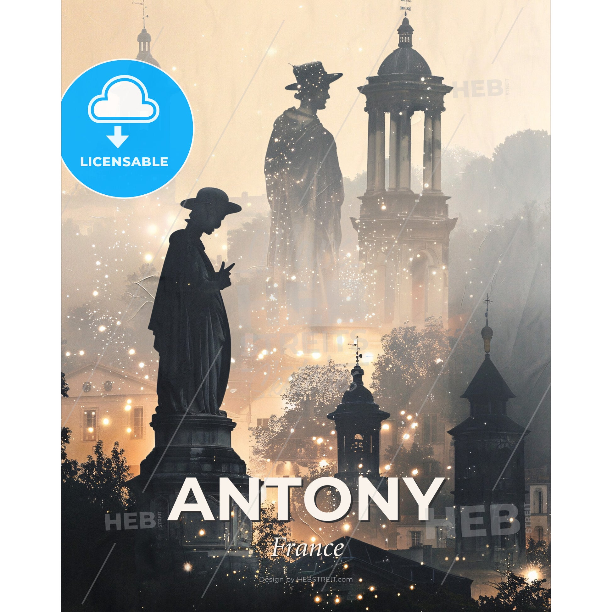 Antony Skyline Double Exposure Cityscape Art Poster - A group of statues in a city - Square format print template