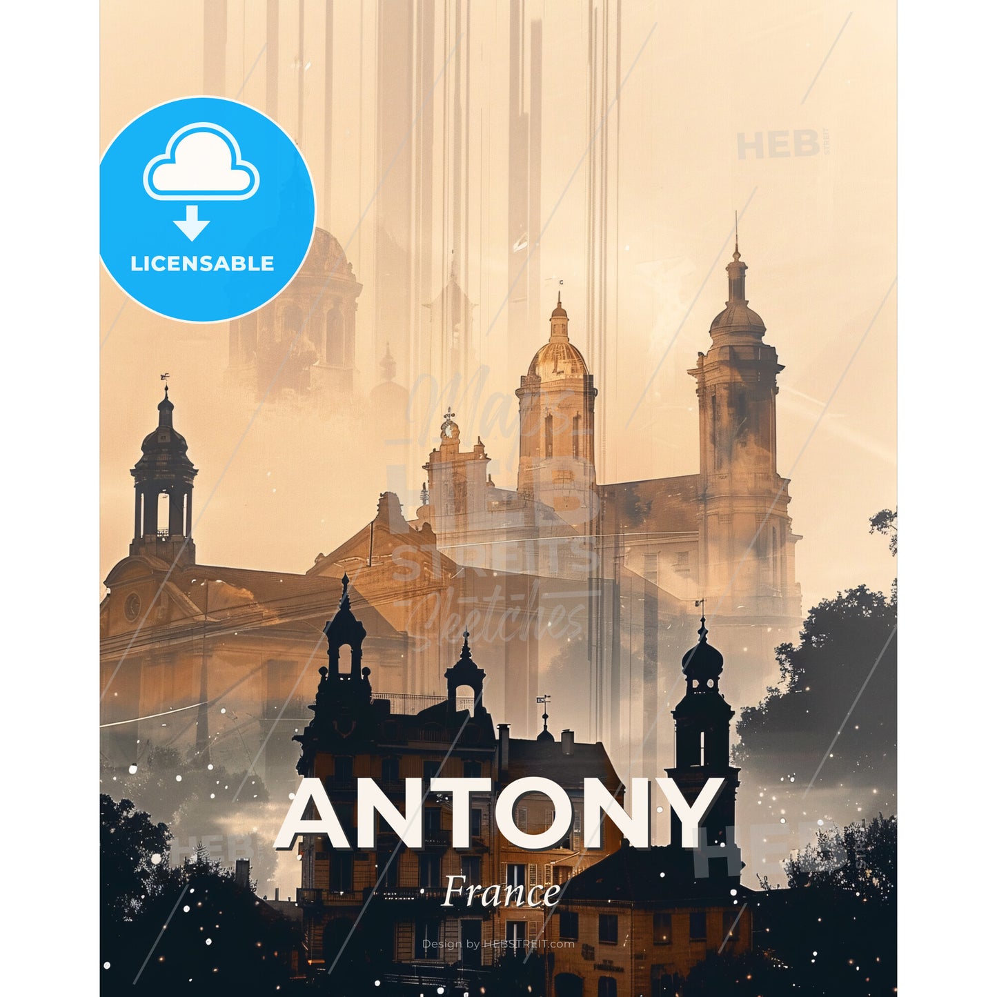 Antony Skyline Glimmering Beige Composite - A building with towers and trees - Square format print template