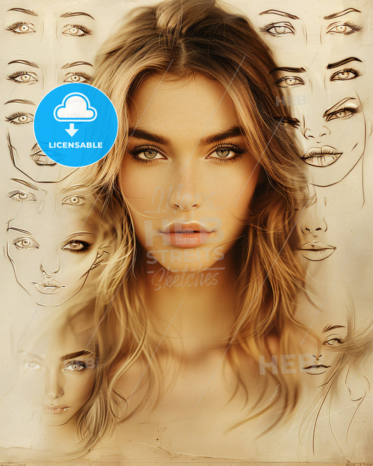 Minimalist Geometric Face Art Poster Beige - A woman with long hair and different facial expressions