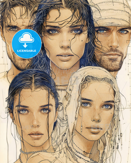 Stars Unmasked: Printable Monochrome Coloring Page - A group of people with different facial features
