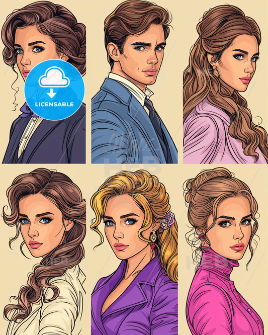 Celebrate the Stars of the Screen: Iconic Monochrome Coloring - A group of people with different hair styles