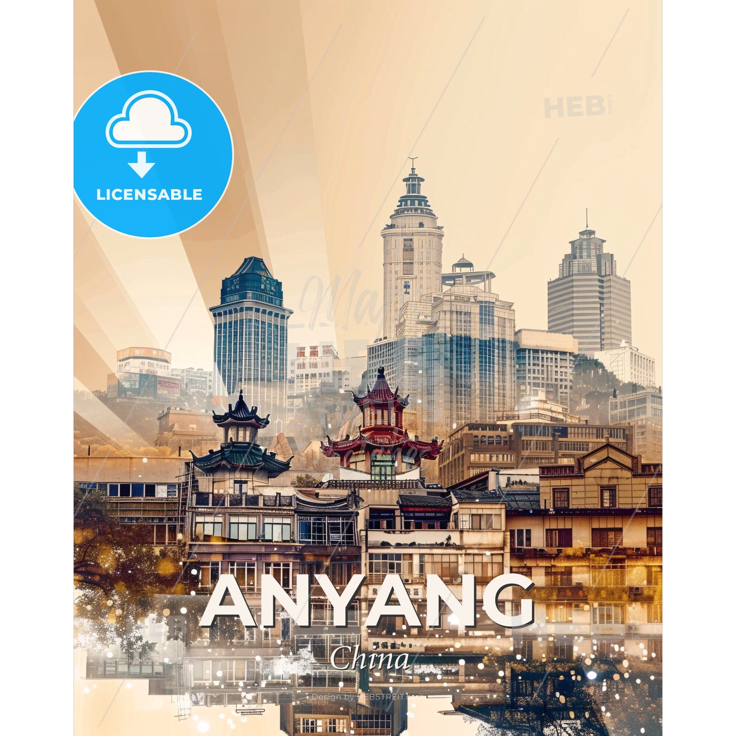 Anyang Cityscape Poster: Bright Beige With Subtle Backlights - A city with many buildings and a body of water - Square format print template