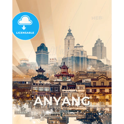Anyang Cityscape Poster: Bright Beige With Subtle Backlights - A city with many buildings and a body of water - Square format print template