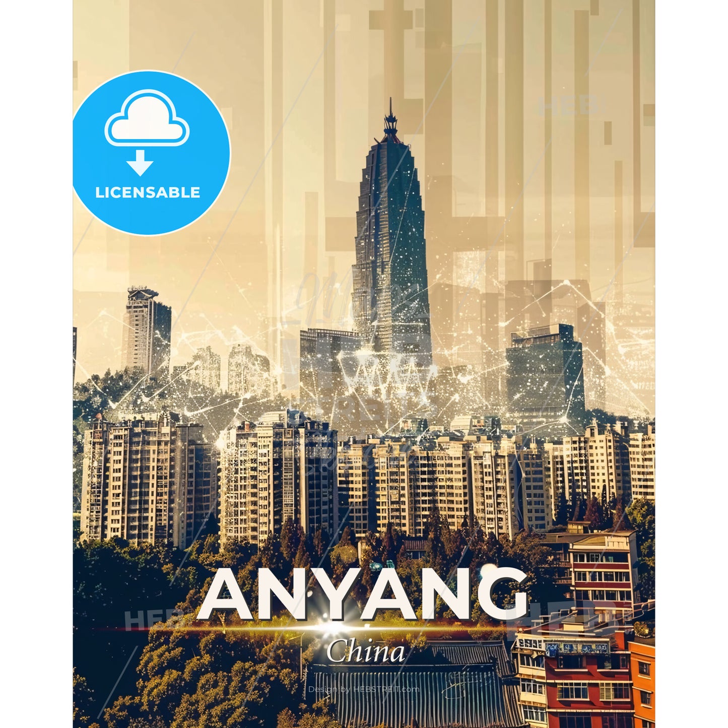Anyang Skyline Bright Beige Poster - A city with many buildings and lines - Square format print template
