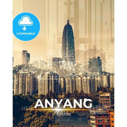 Anyang Skyline Bright Beige Poster - A city with many buildings and lines - Square format print template
