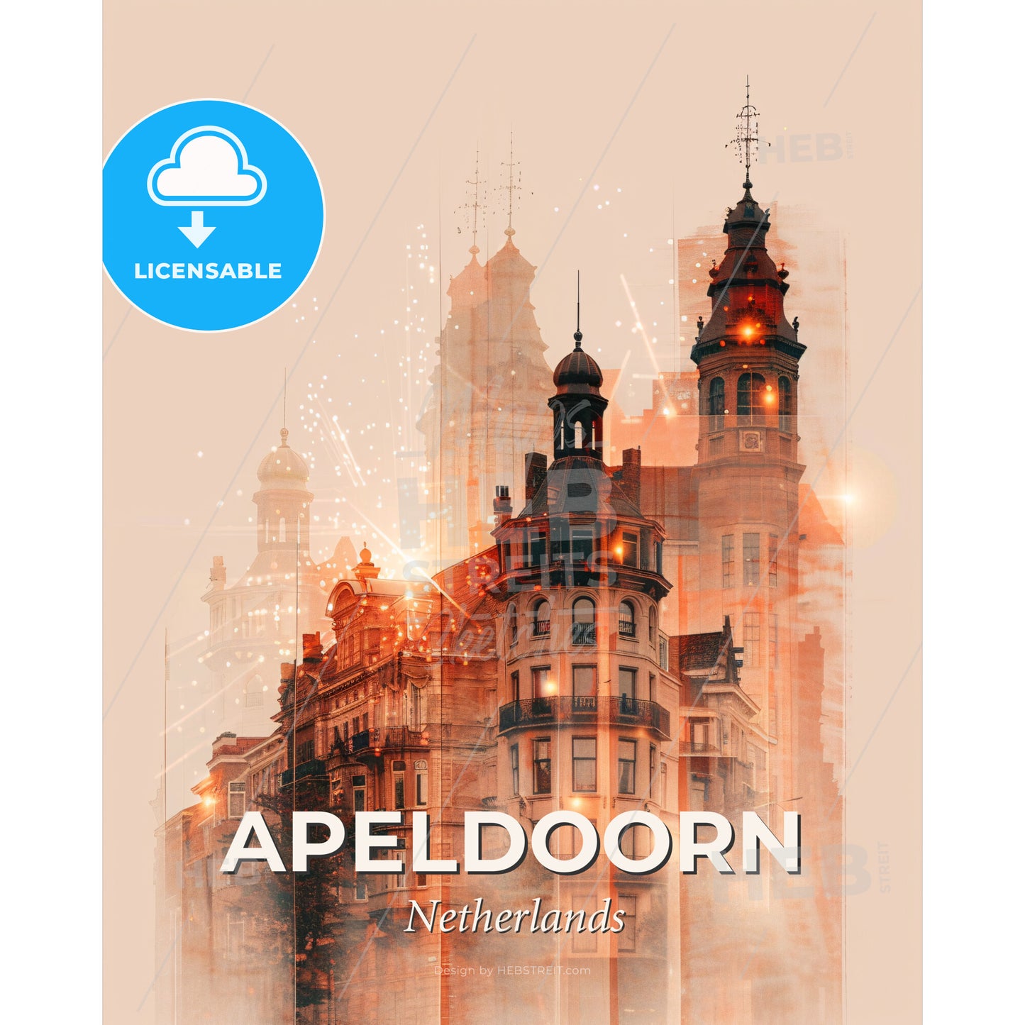 Apeldoorn Skyline Composite Art Vivid Local Colors - A building with towers and fireworks - Square format print template