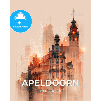 Apeldoorn Skyline Composite Art Vivid Local Colors - A building with towers and fireworks - Square format print template