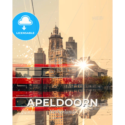 Apeldoorn City Silhouette Poster with Local Landmarks - A double decker bus in a city - Square format print template