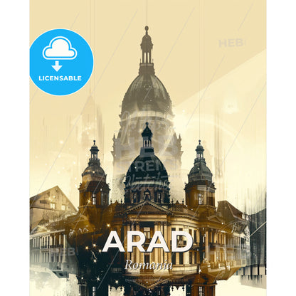 Arad City Skyline Composite Art Poster - A building with a dome and a building with a clock - Square format print template