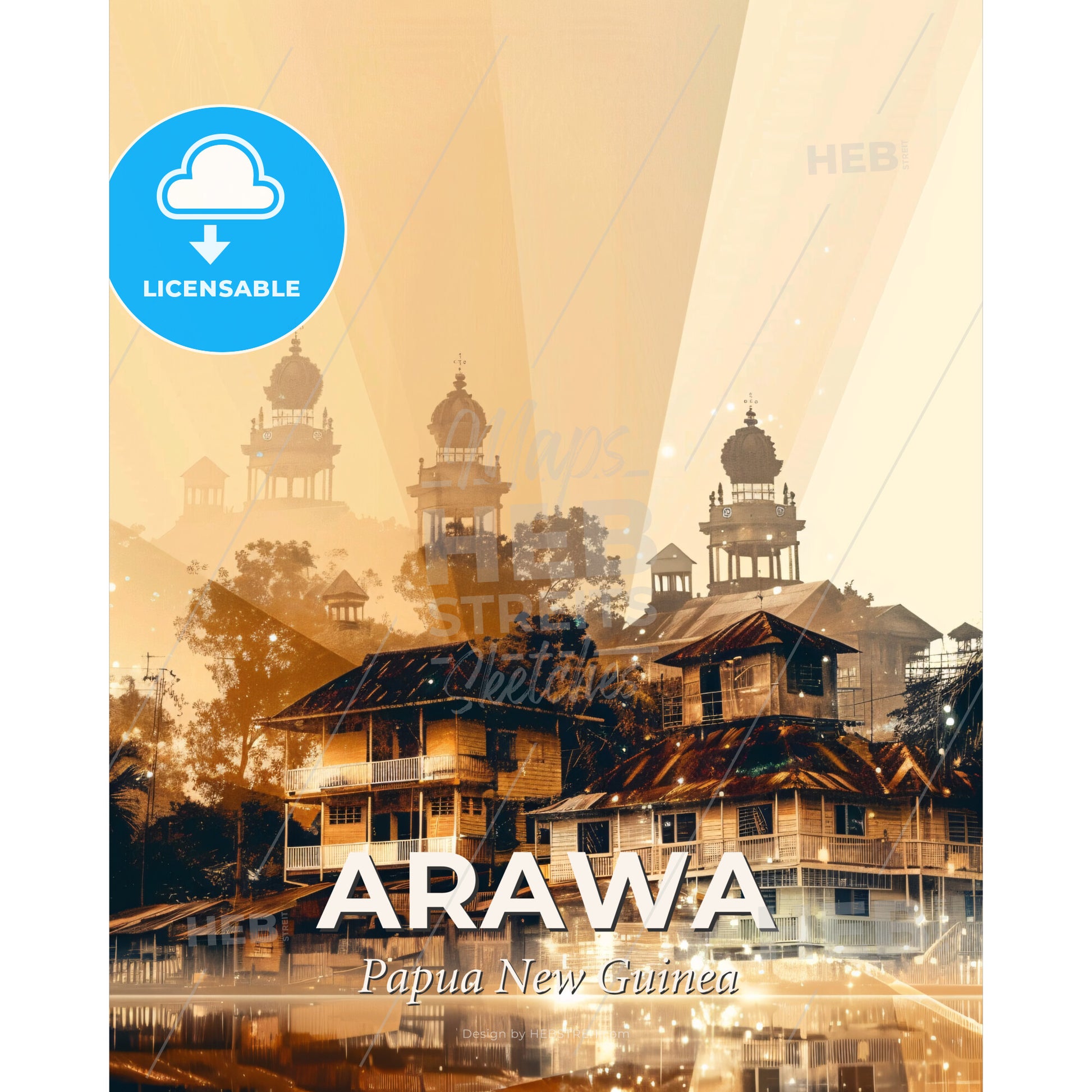 Arawa Skyline Poster: Double Exposure Local Architecture - A group of buildings with towers and trees - Square format print template