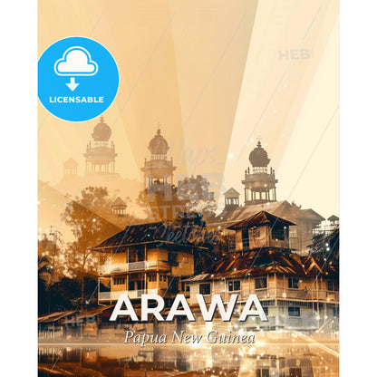 Arawa Skyline Poster: Double Exposure Local Architecture - A group of buildings with towers and trees - Square format print template