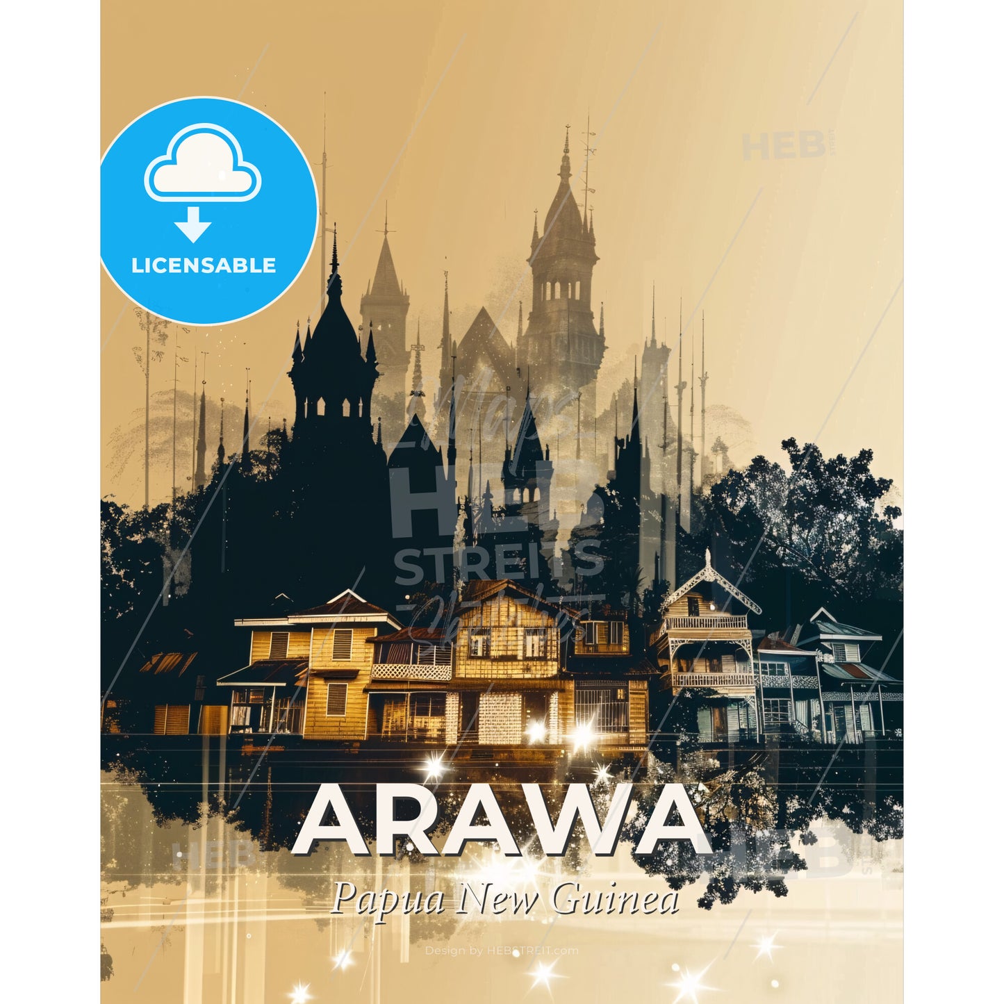 Arawa Double Exposure Art Skyline Tropical Glamour - A group of houses with towers and trees - Square format print template