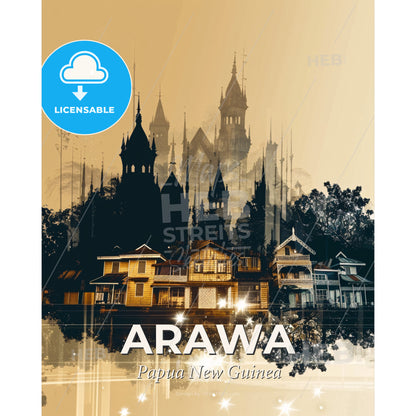 Arawa Double Exposure Art Skyline Tropical Glamour - A group of houses with towers and trees - Square format print template