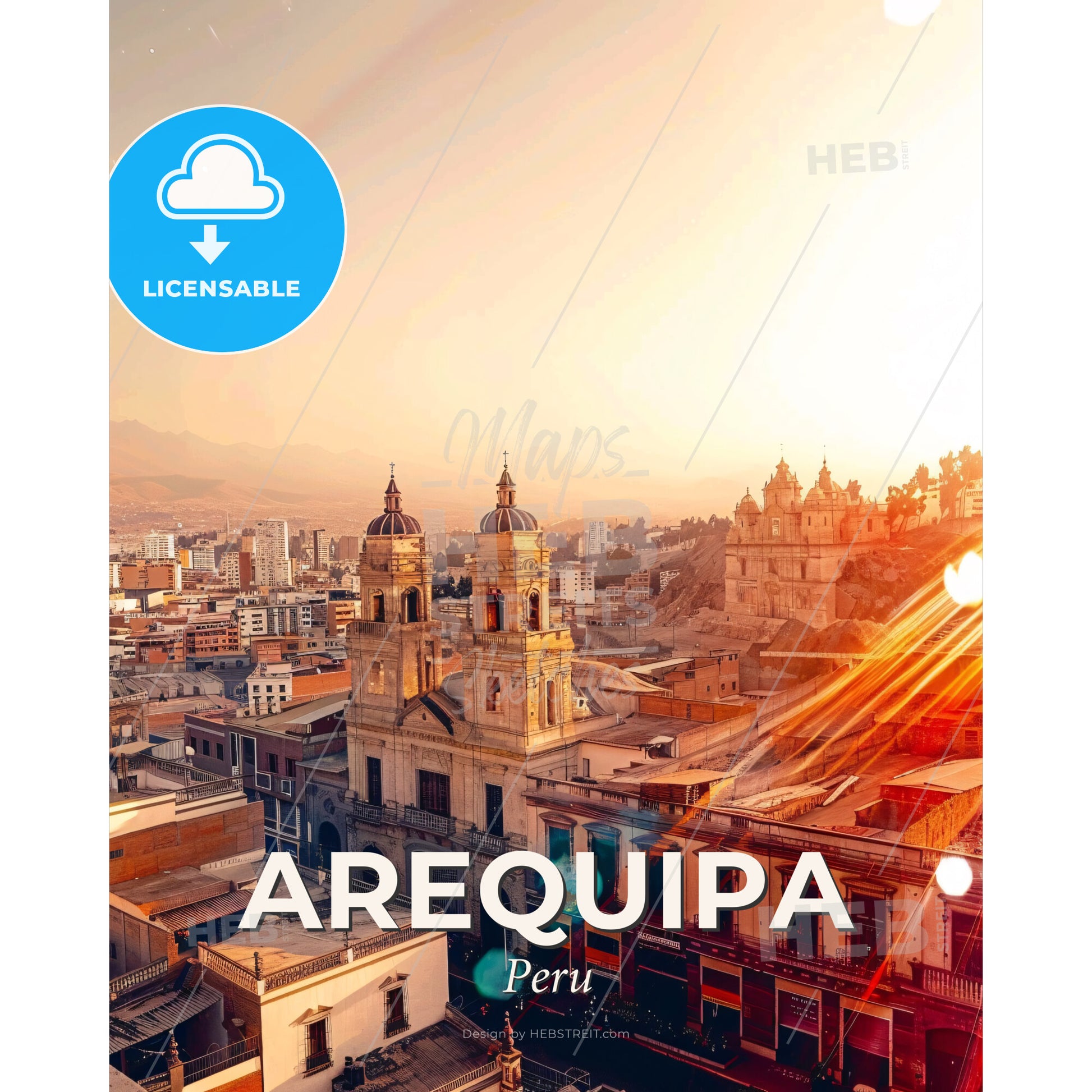 Arequipa: Skyline City Lights Poster Art - A city with a large building - Square format print template