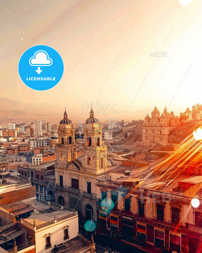 Arequipa: Skyline City Lights Poster Art - A city with a large building