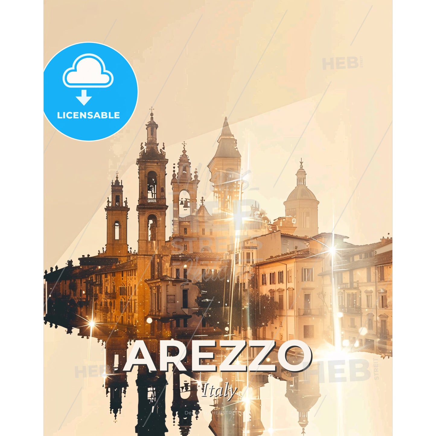Arezzo City Skyline Double Exposure Art Poster - A reflection of a building in water - Square format print template