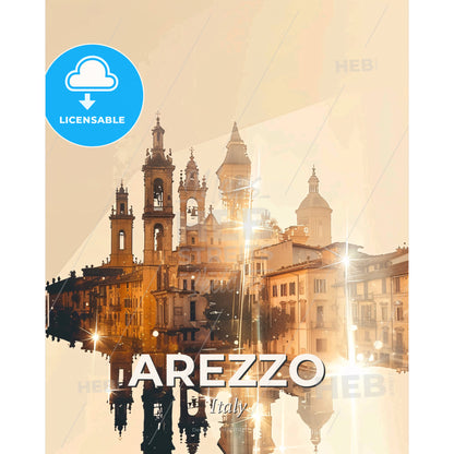 Arezzo City Skyline Double Exposure Art Poster - A reflection of a building in water - Square format print template