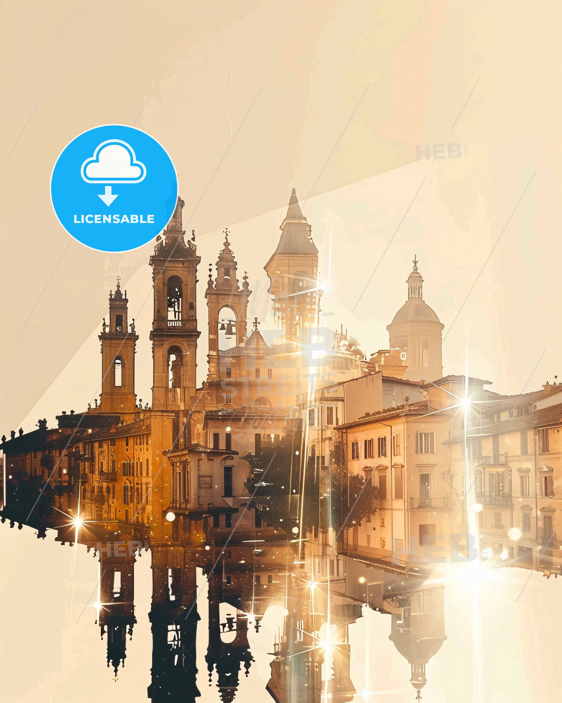 Arezzo City Skyline Double Exposure Art Poster - A reflection of a building in water