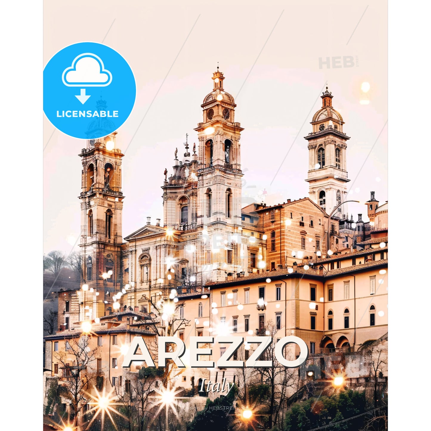 Arezzo Cityscape Composite Art Poster - A building with towers and lights - Square format print template