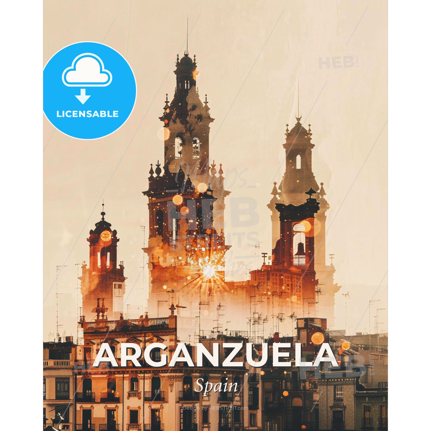 Arganzuela Skyline: Vibrant and Sparkling Poster Art - A large building with towers and a sun shining through it - Square format print template
