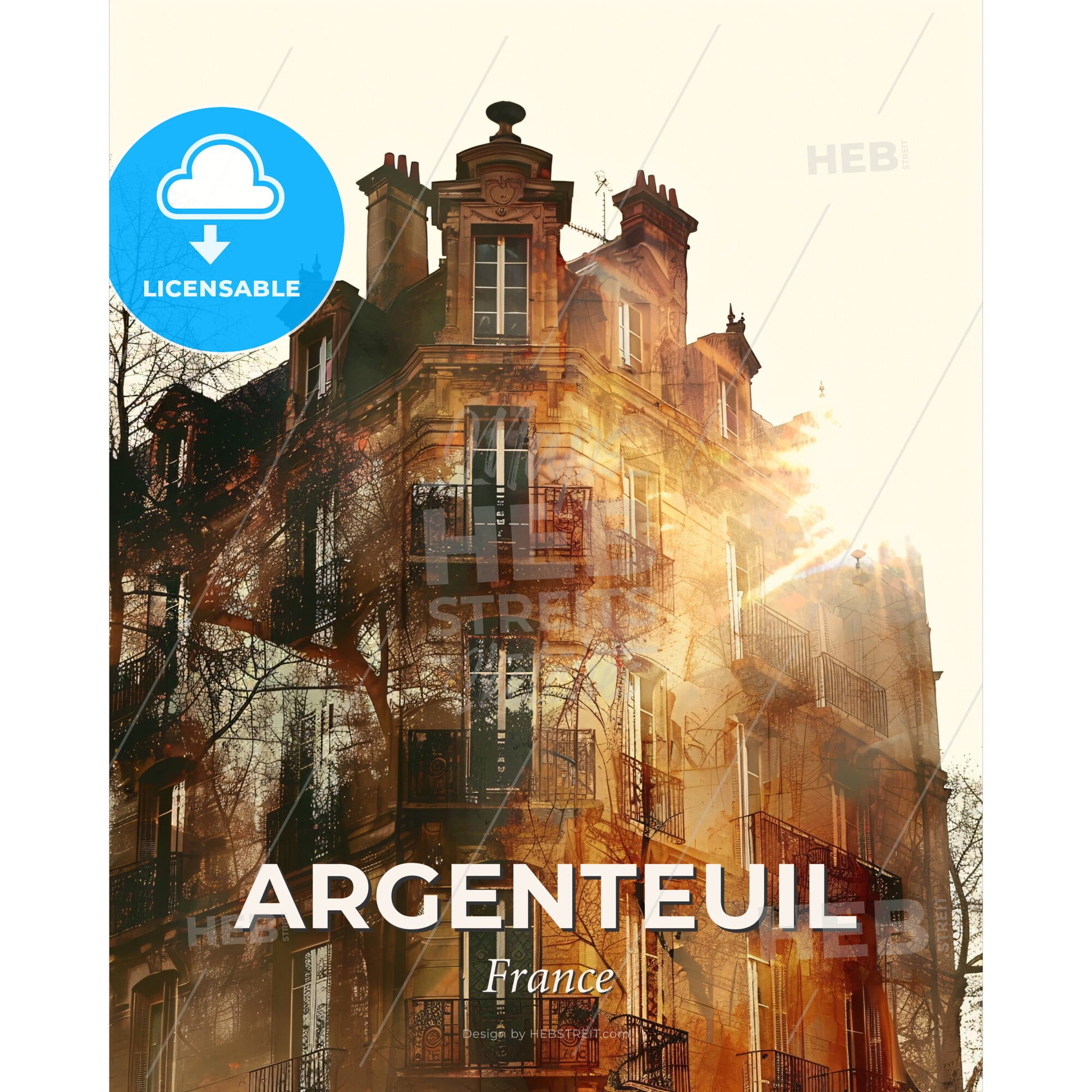 Argenteuil - Double Exposure Skyline Panorama - A building with trees and sun rays - Square format print template