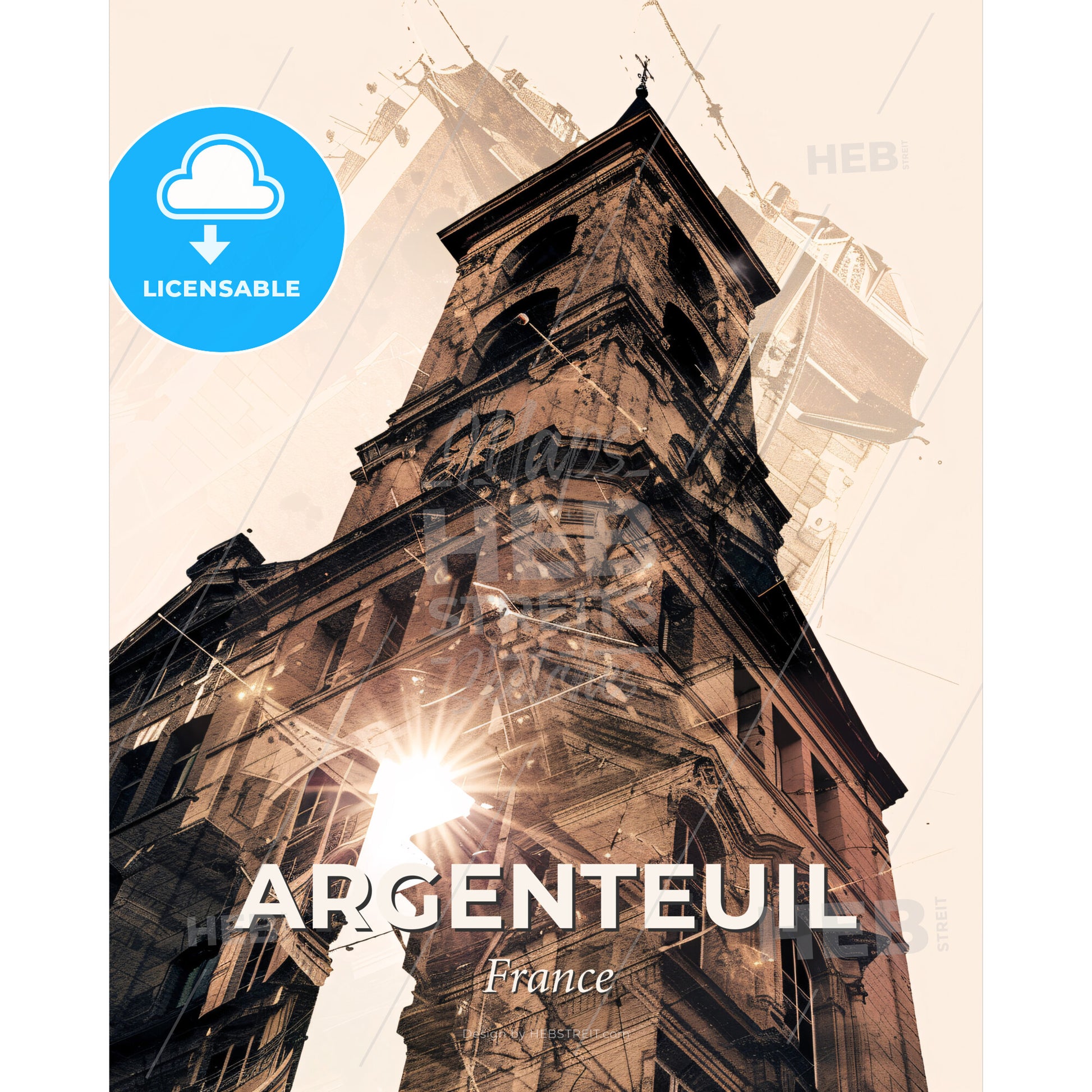 Argenteuil Double Exposure Skyline Poster Art - A tall building with a clock tower - Square format print template