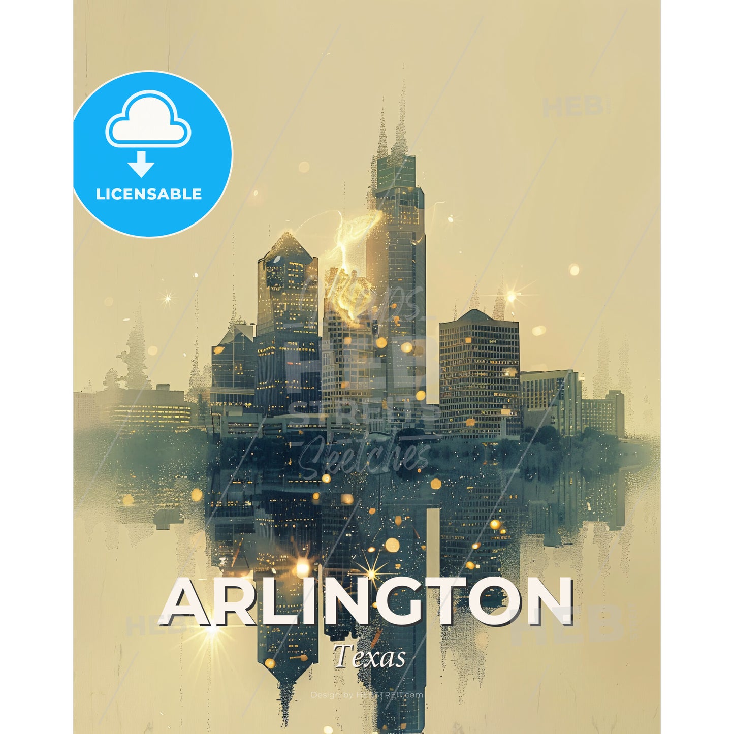 Arlington Icons Skyline Double Exposure Composite Poster - A city skyline with lights reflecting on water - Square format print template