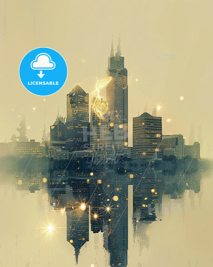 Arlington Icons Skyline Double Exposure Composite Poster - A city skyline with lights reflecting on water