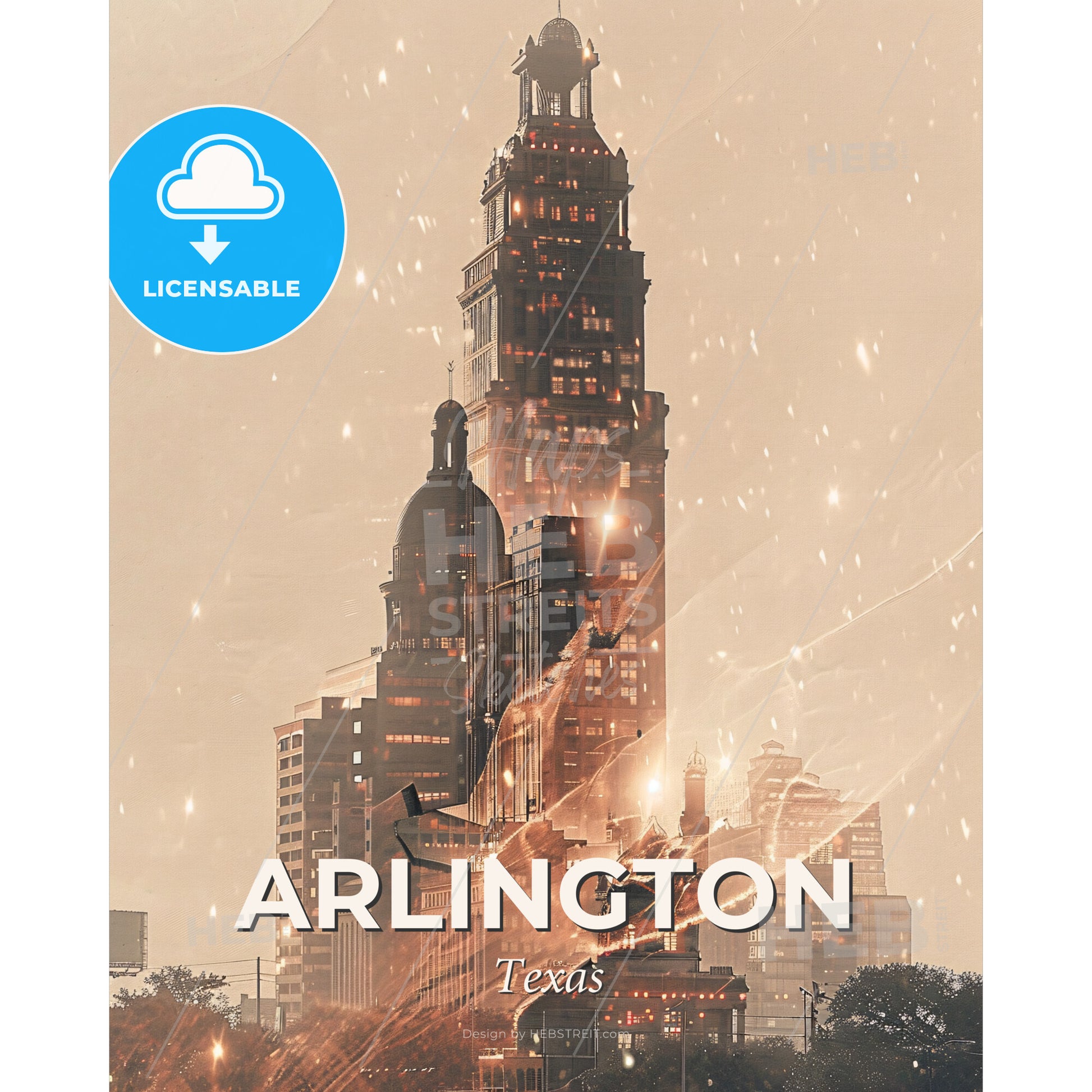Arlington City Skyline Art Composite - A tall building in a city - Square format print template