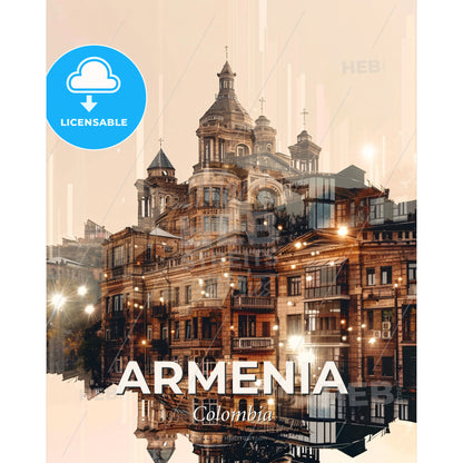 Armenia Skyline - Vibrant Heritage Art - A building with many windows and a tower - Square format print template