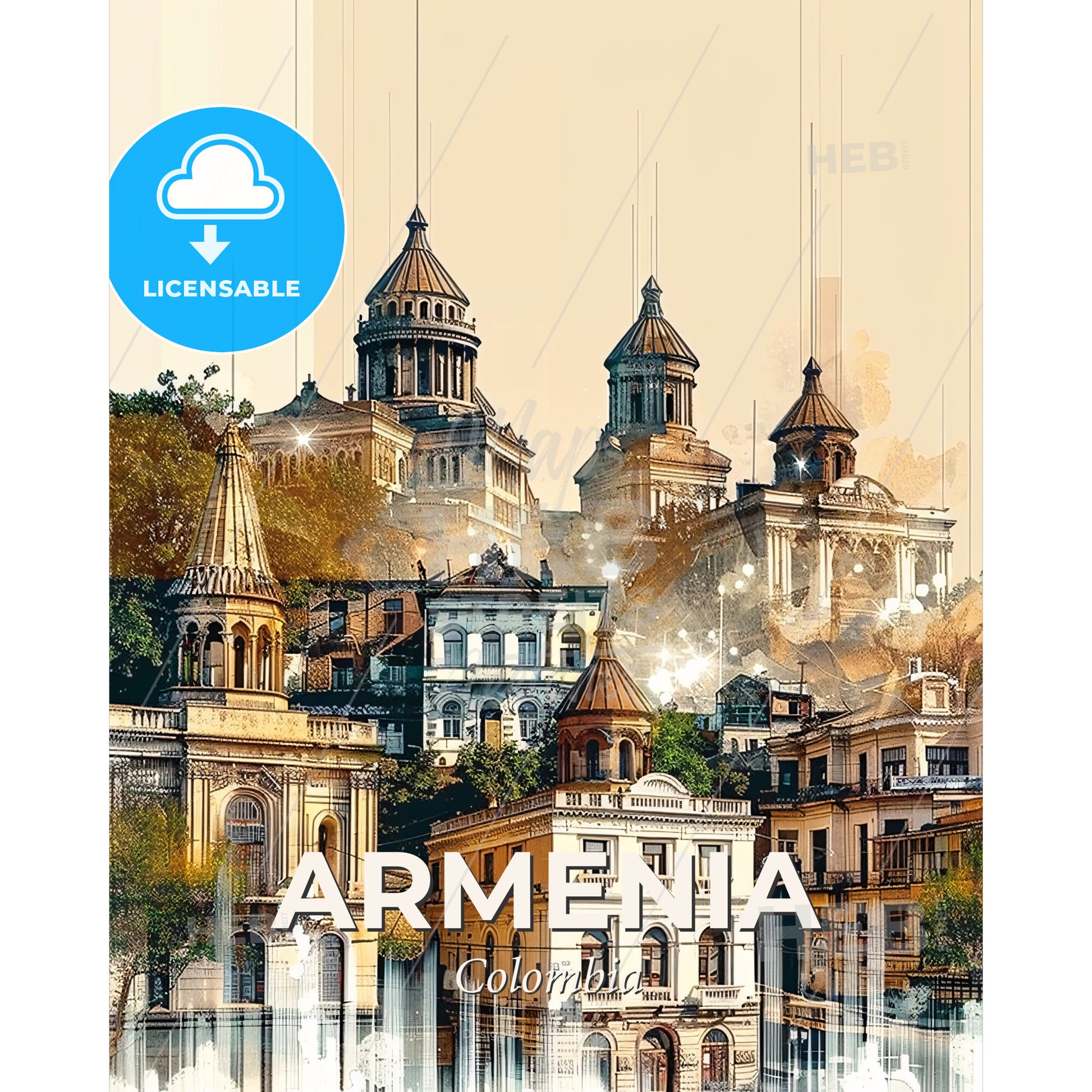 Armenia, Colombia: Skyline and Local Icons Poster - A group of buildings with towers - Square format print template