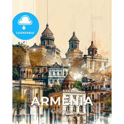 Armenia, Colombia: Skyline and Local Icons Poster - A group of buildings with towers - Square format print template