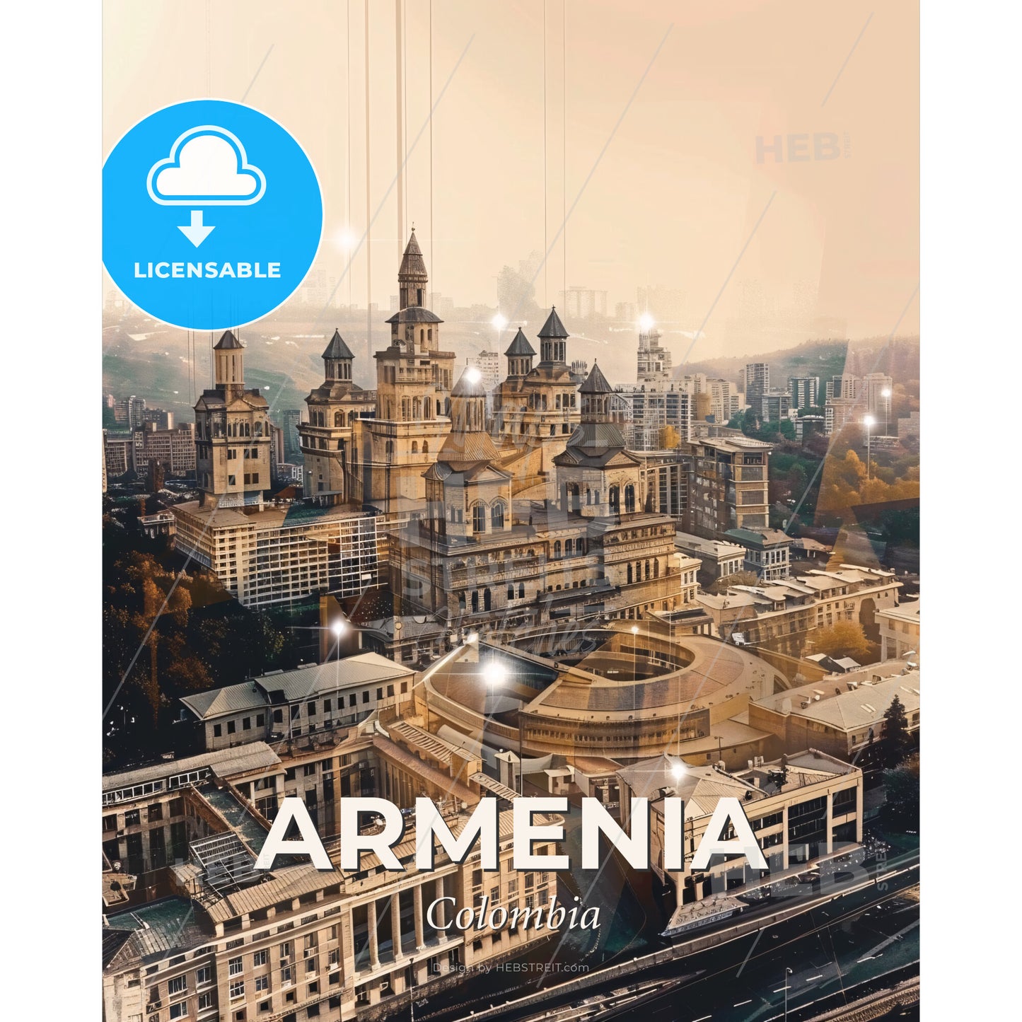 Armenia Skyline Double Exposure Poster Art - A large building with towers and a circular roof - Square format print template