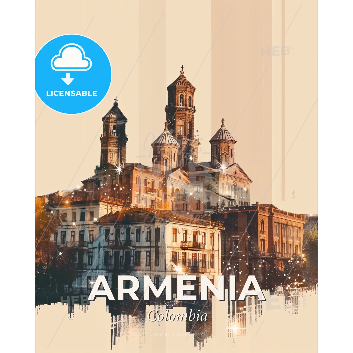 Armenia City Skyline Vintage Double Exposure Poster - A building with towers and a cross on top - Square format print template