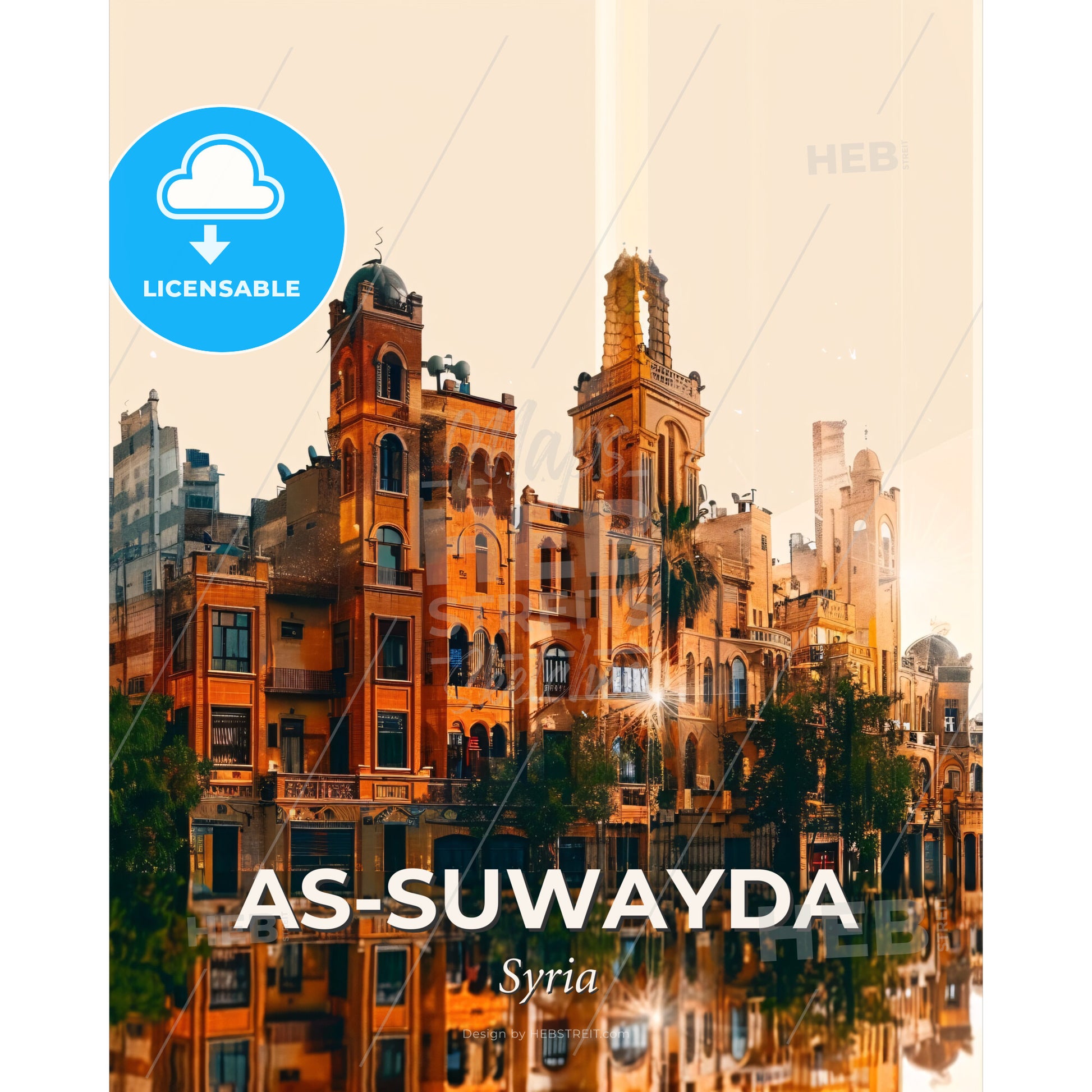 As-Suwayda Skyline Architecture Art Deco - A building with a large tower - Square format print template