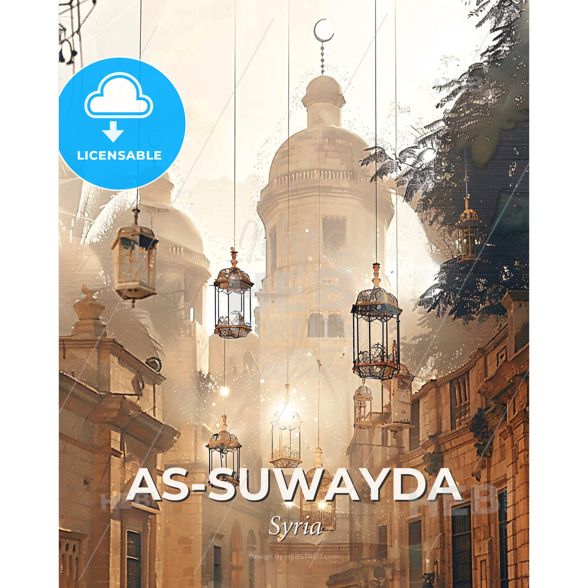 As-Suwayda Skyline Composite Art Poster - A group of lanterns from a building - Square format print template