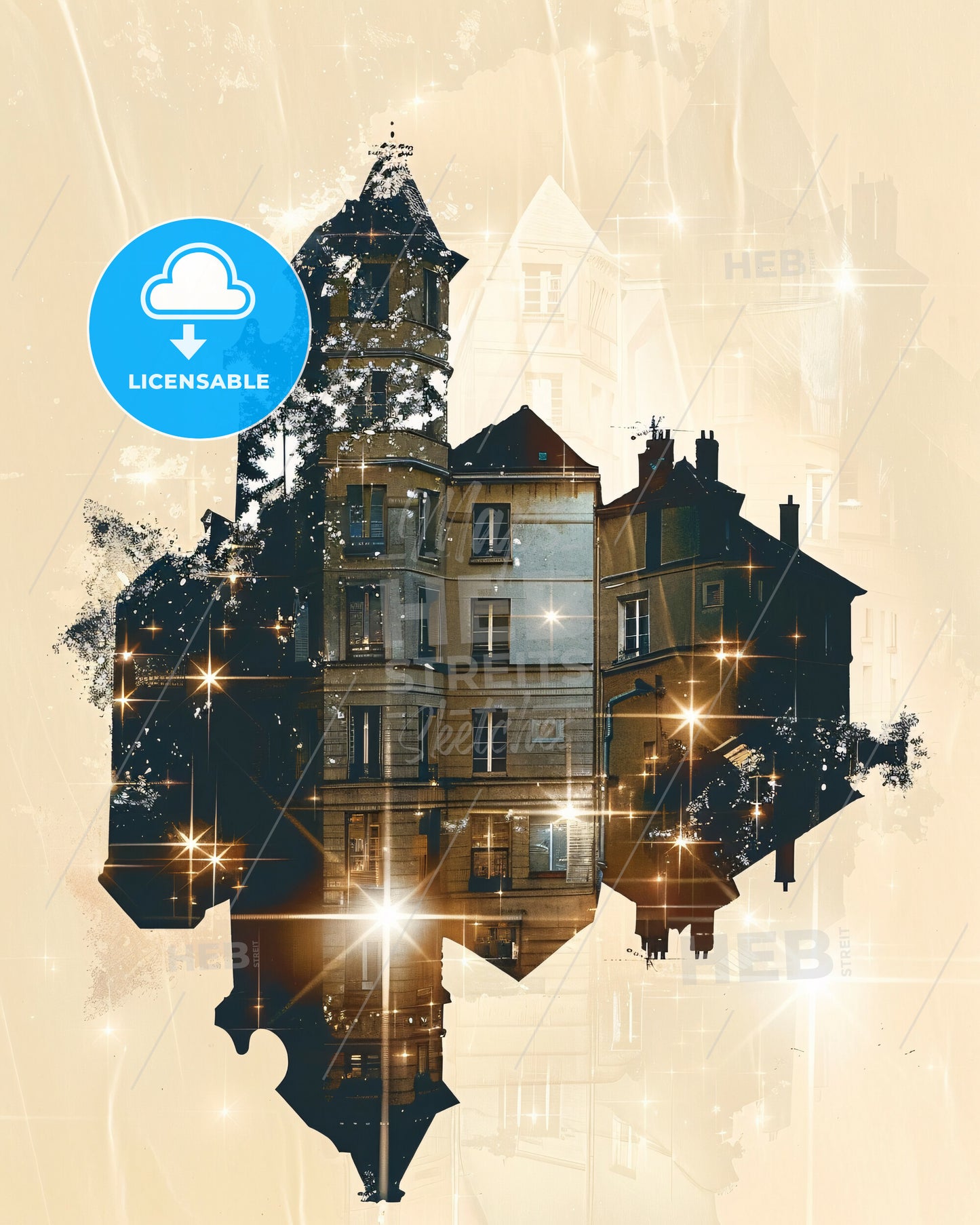 Asnieres-sur-Seine Iconic Skyline Bright Beige Poster - A building with a tower