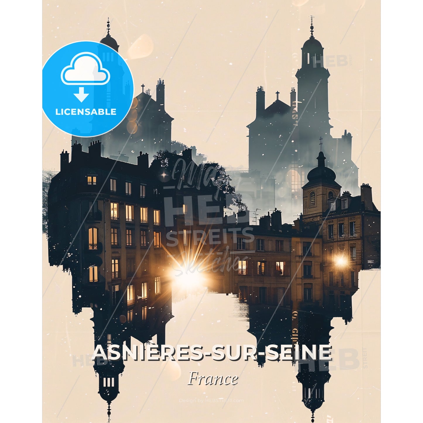 Asnieres-sur-Seine Skyline Silhouette Poster - A reflection of buildings and a light in the water - Square format print template