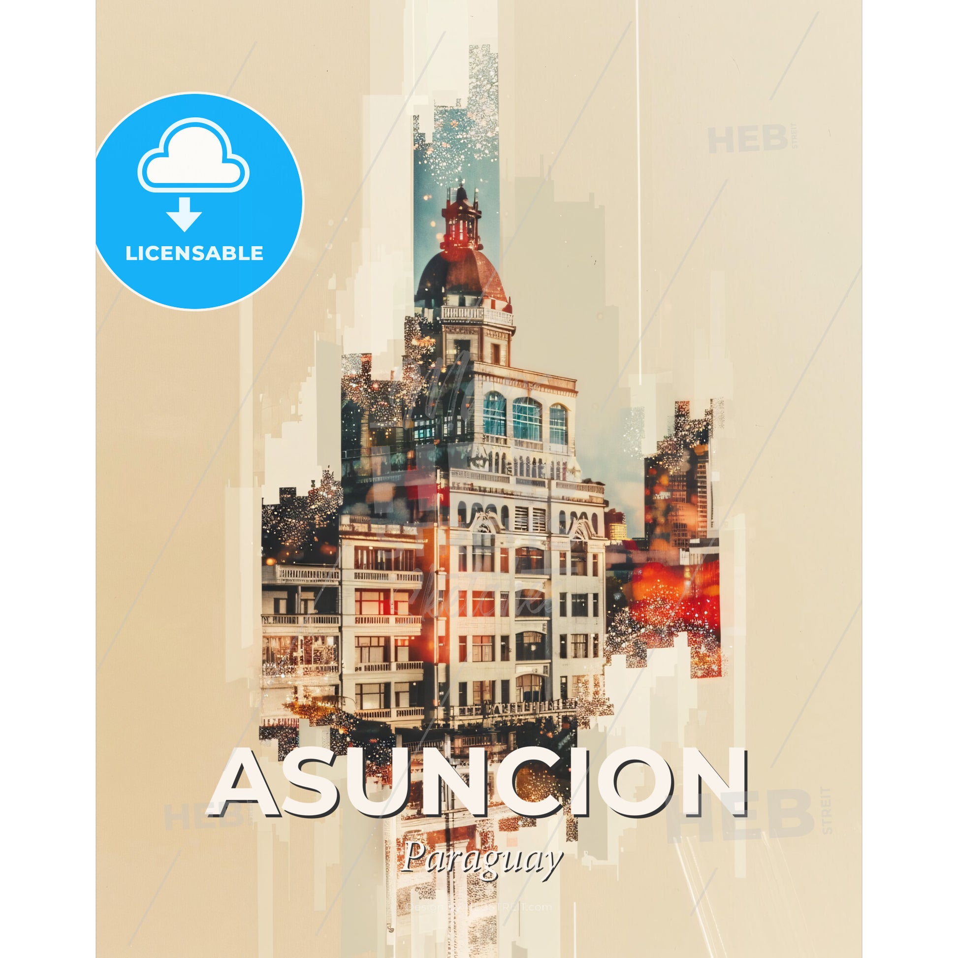 Asuncion Panorama Double Exposure Art Poster - A building with a dome on top - Square format print template