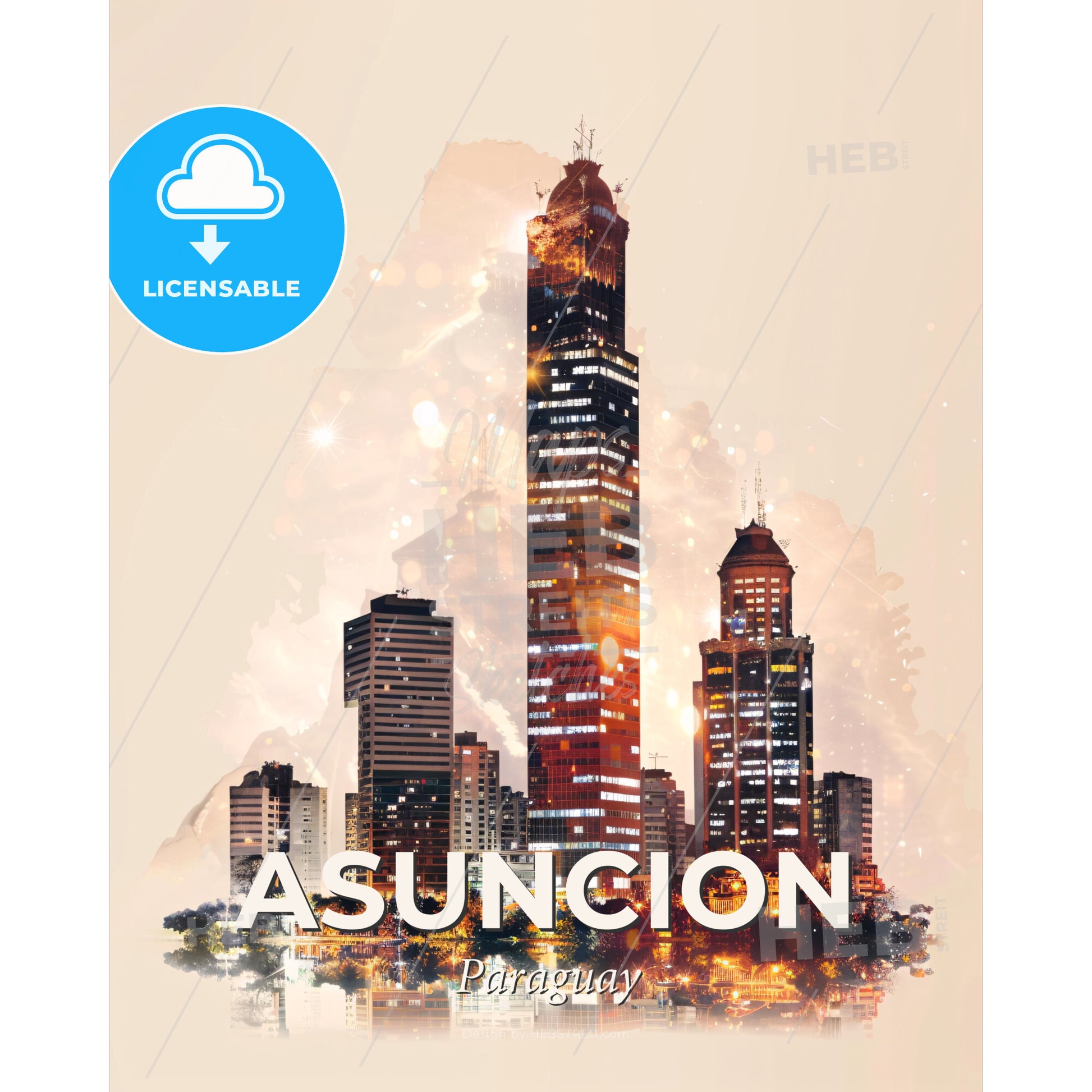 Asuncion City Skyline Composite Poster Art - A city skyline at night - Square format print template