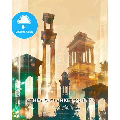 Athens-Clarke County Skyline Composite Art Glow - A group of tall buildings - Square format print template