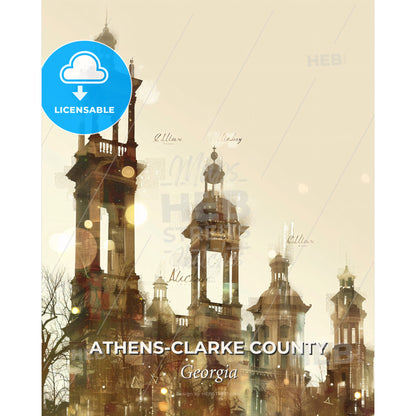 Athens: City and Architecture Art Poster - A group of tall buildings with towers - Square format print template