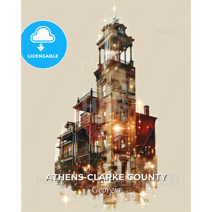 Athens-Clarke County City Skyline Art Print - A building with a bell tower - Square format print template