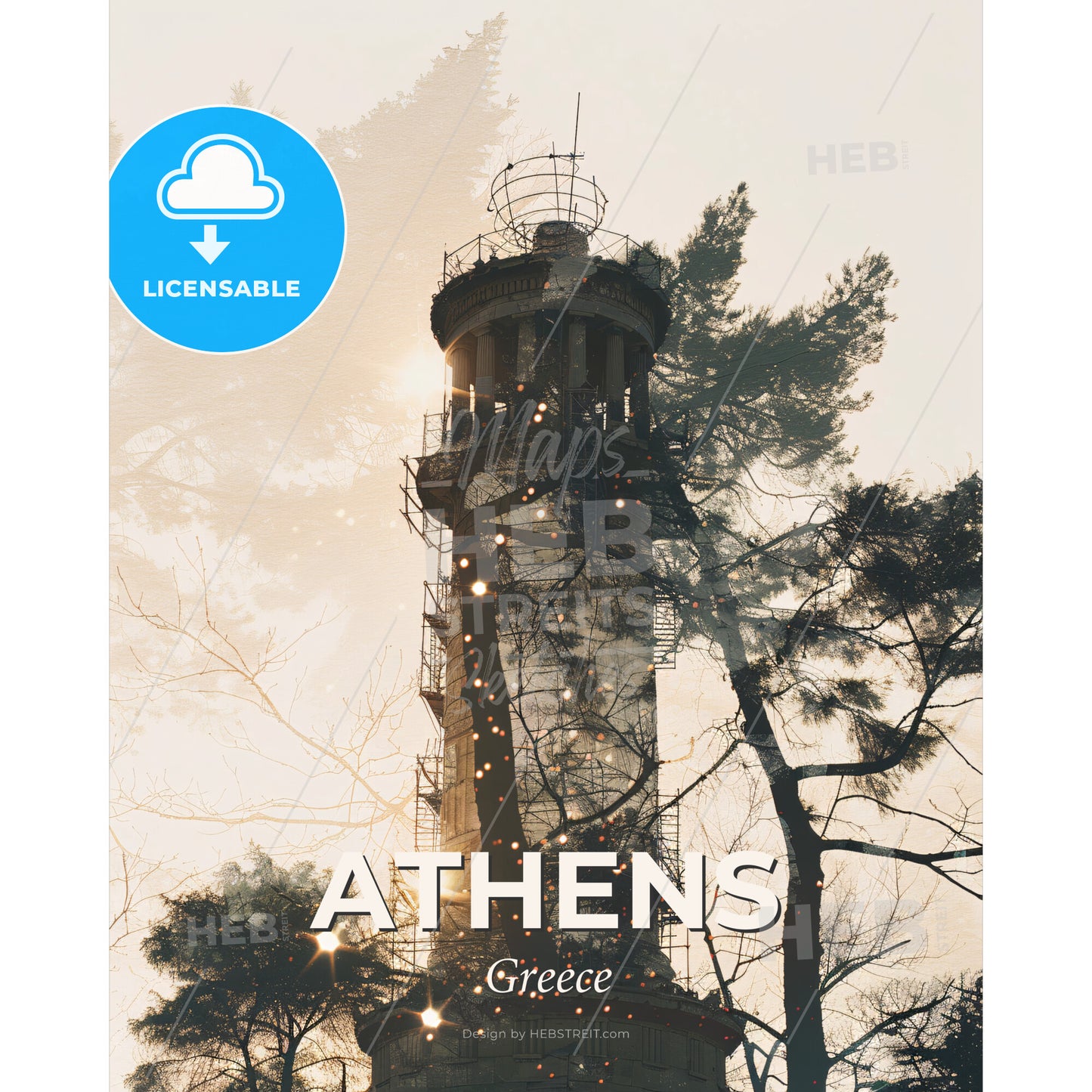 Athens, Greece: Double Exposure Skyline Art Poster - A tower with trees around it - Square format print template