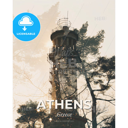 Athens, Greece: Double Exposure Skyline Art Poster - A tower with trees around it - Square format print template