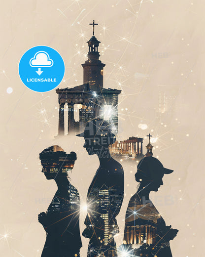 Athens Iconic Skyline Double Exposure Poster - A silhouettes of people and a building